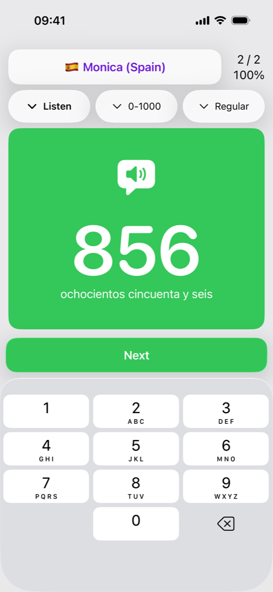 Listen mode: the number 856 answered correctly, shown on a green card