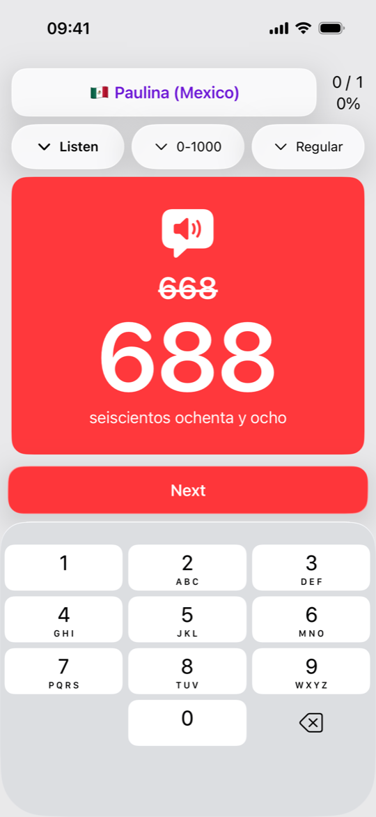 Listen mode: a wrong answer, 668, corrected to 688 on a red card