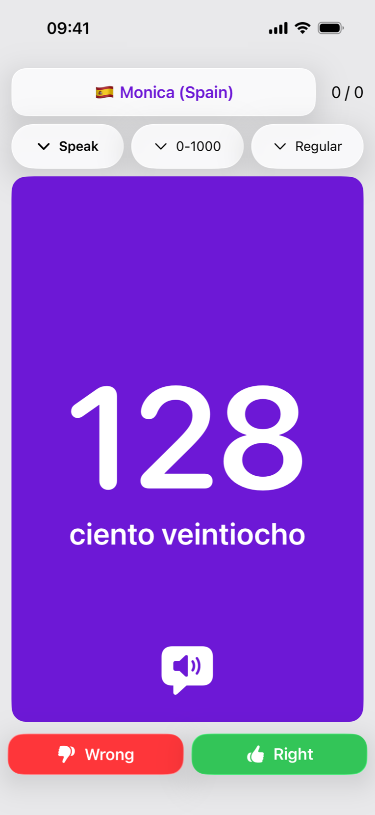 Spanish Numbers app showing the number 128 with the words ciento veintiocho